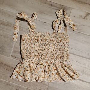 Yellow Floral Smocked Tie Shoulder Crop Top Shein M Festival Boho Beach Summer